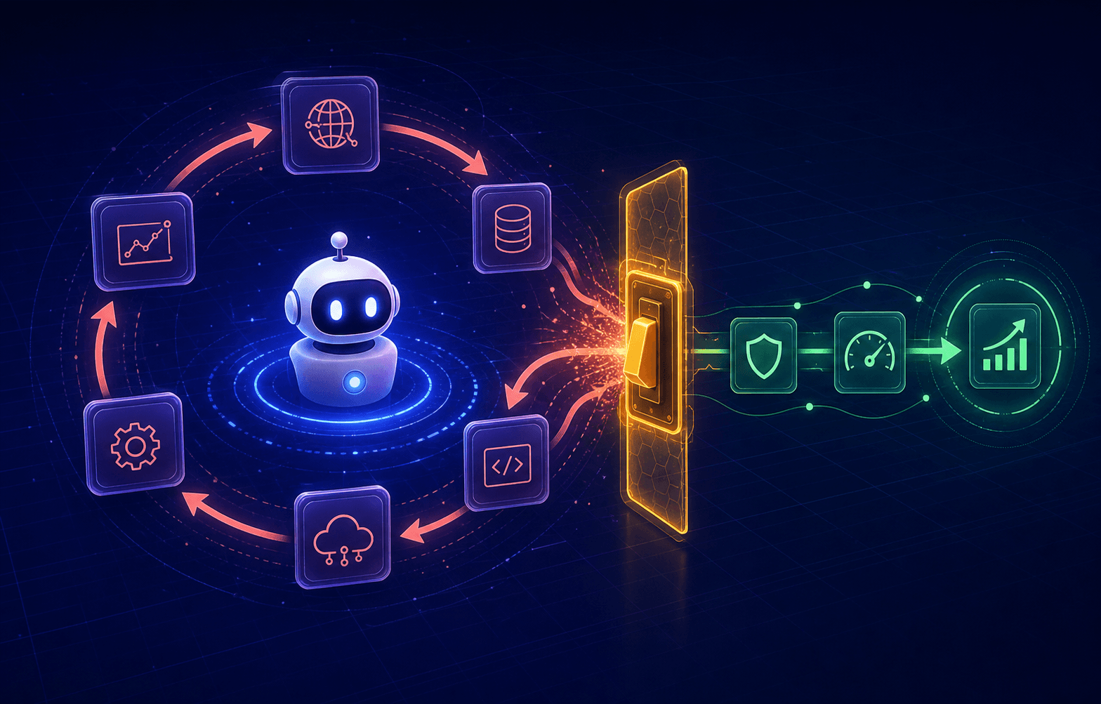 Agent control-flow diagram showing a runaway tool-call loop bounded by circuit breakers