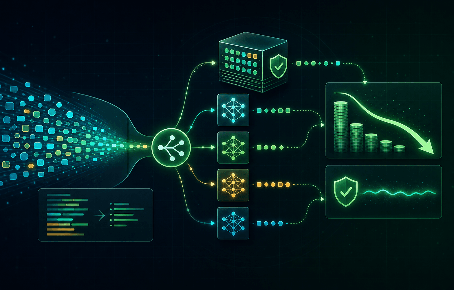 LLM cost optimization dashboard showing token usage and spend trending down