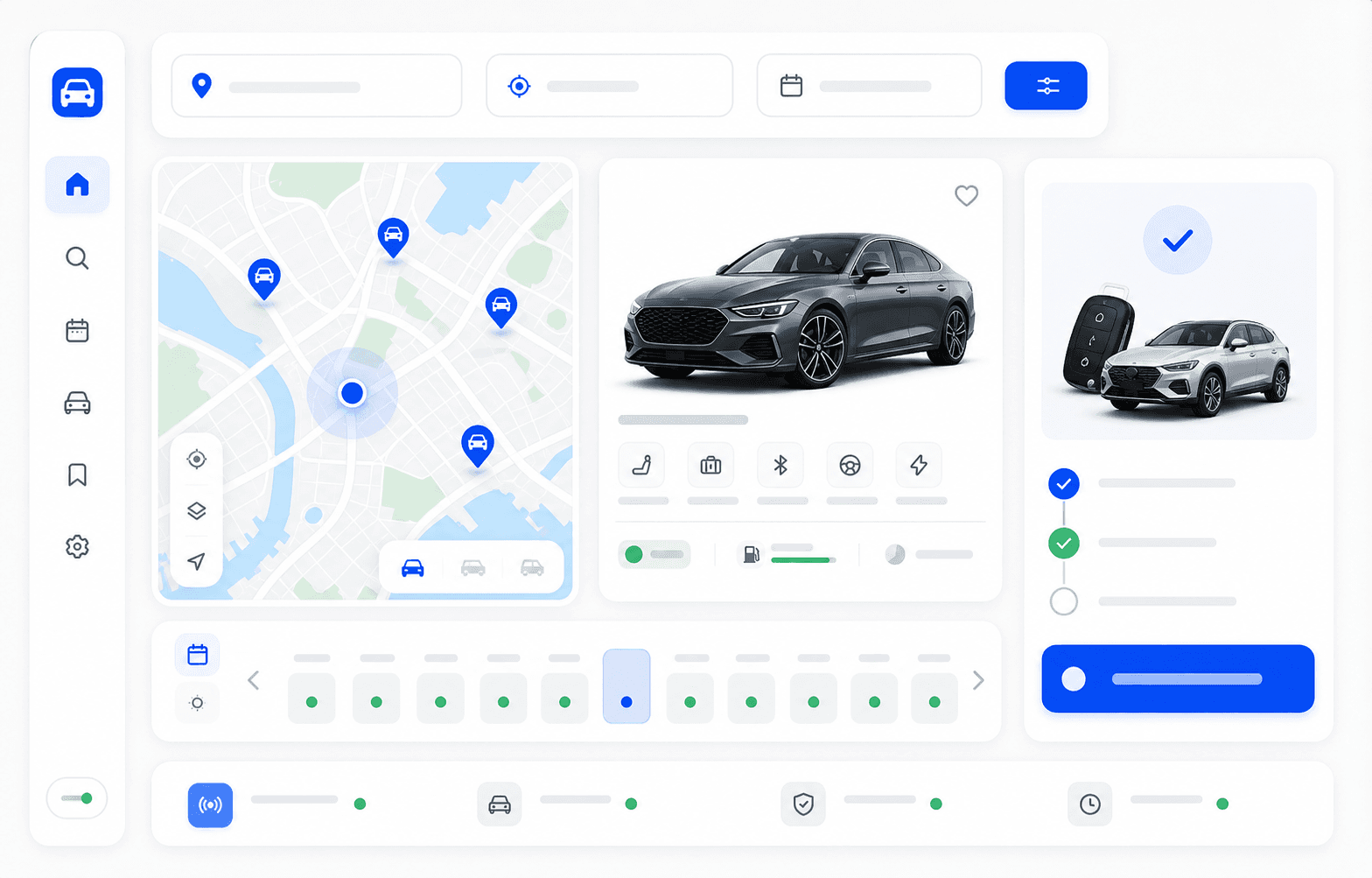 Car rental app dashboard showing real-time search and booking availability